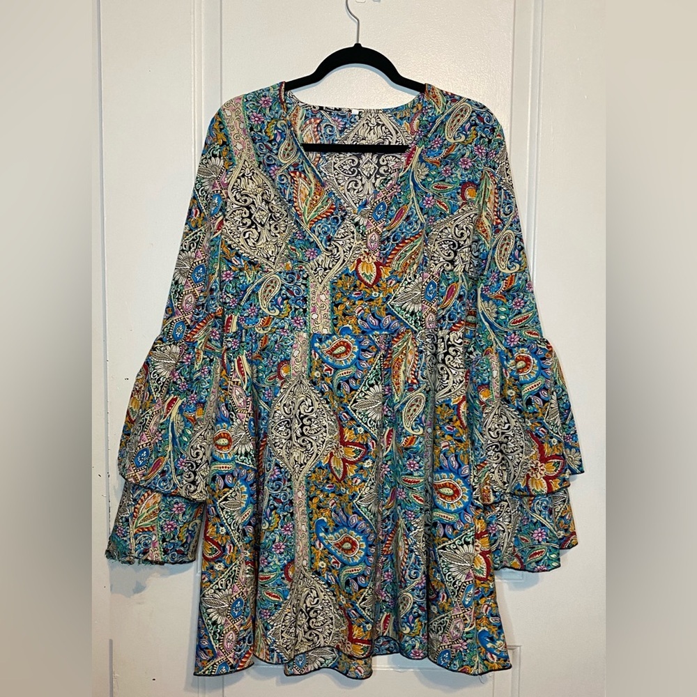 SHEIN Blue and Orange Tiered Ruffled Long Sleeve Dress - Picture 7 of 8